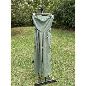 Sim & Sam Linen Blend Strapless Jumpsuit Romper Women's Small Olive Green Belted